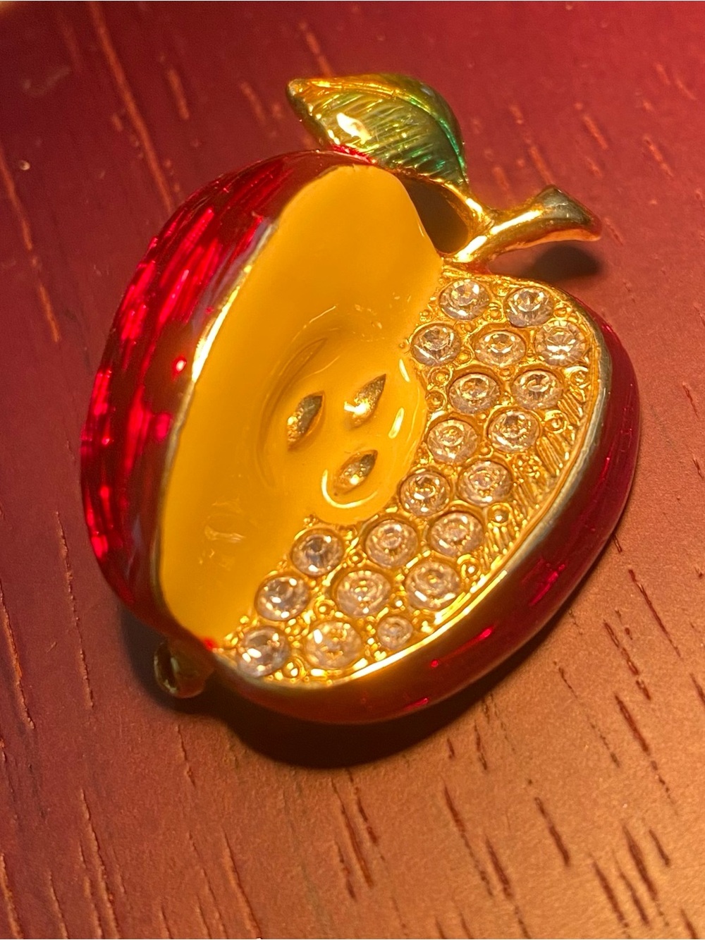 Avon Red and Yellow Apple Brooch with Rhinestones 0439